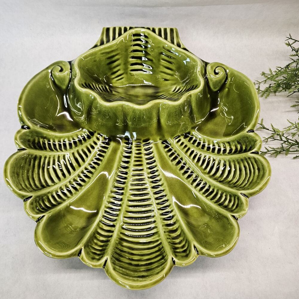 Vintage MCM Olive Green Chip Dip Bowl Shell Shape Ceramic Serving Dish Tiki Retr
